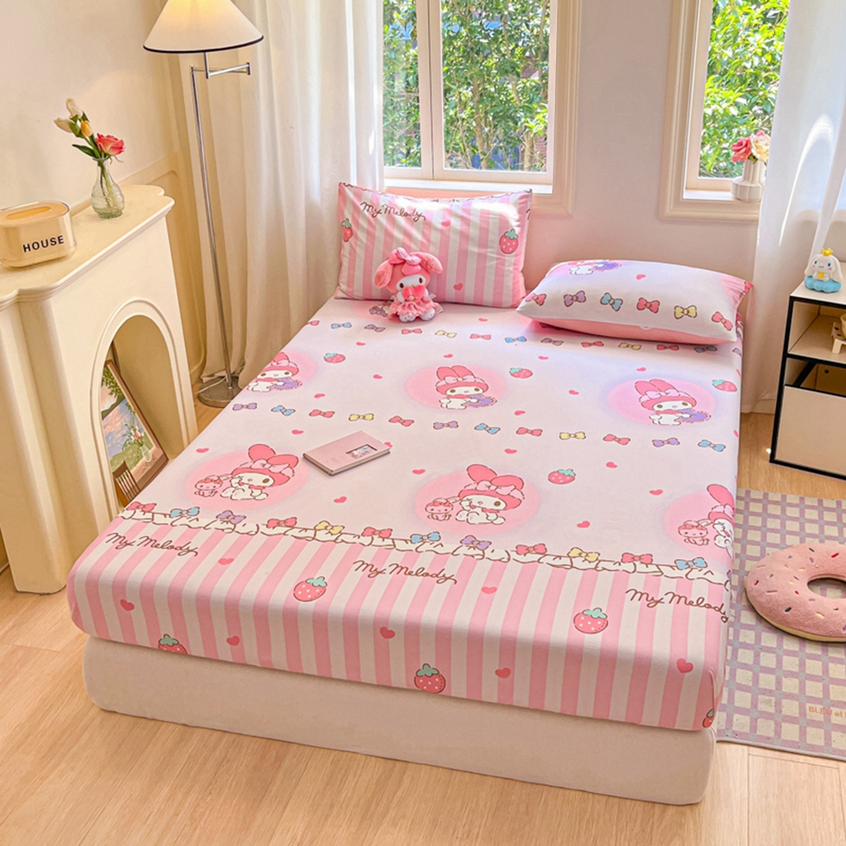 91家纺网 家纺一手货源 找家纺 博雅 2025春夏新款三丽欧小版全棉纯棉单品床笠床笠单件单床笠 草莓条纹美乐蒂