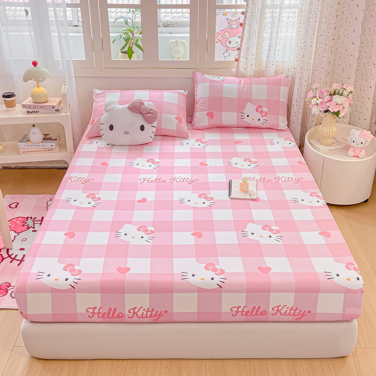 博雅 2025春夏新款三丽欧小版全棉纯棉单品床笠床笠单件单床笠 大粉格KT猫