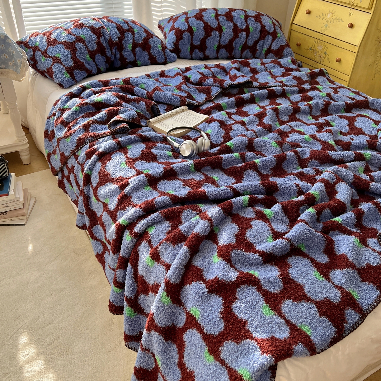 91家纺网 家纺一手货源 找家纺 舒隅家纺 A类高级感半边绒三角针毛毯毯子 芙纹-蓝