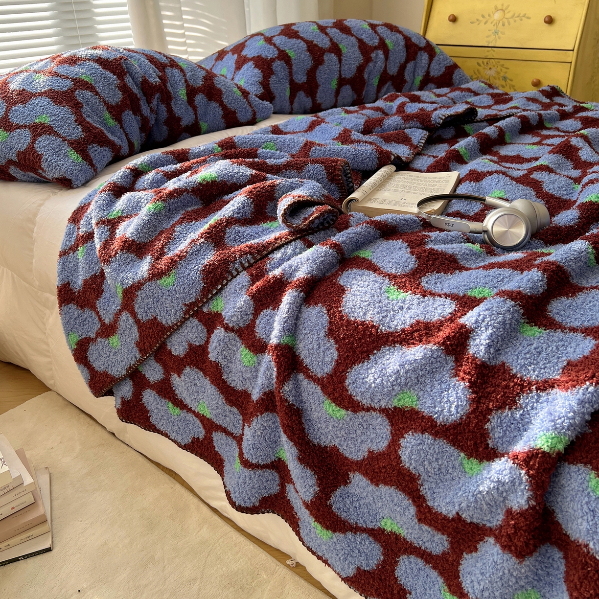 91家纺网 家纺一手货源 找家纺 舒隅家纺 A类高级感半边绒三角针毛毯毯子 芙纹-蓝