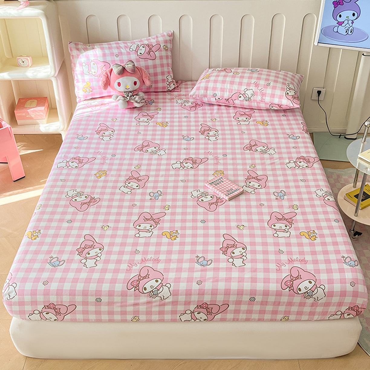 博雅 2025春夏新款三丽欧小版全棉纯棉单品床笠床笠单件单床笠 粉格美乐蒂