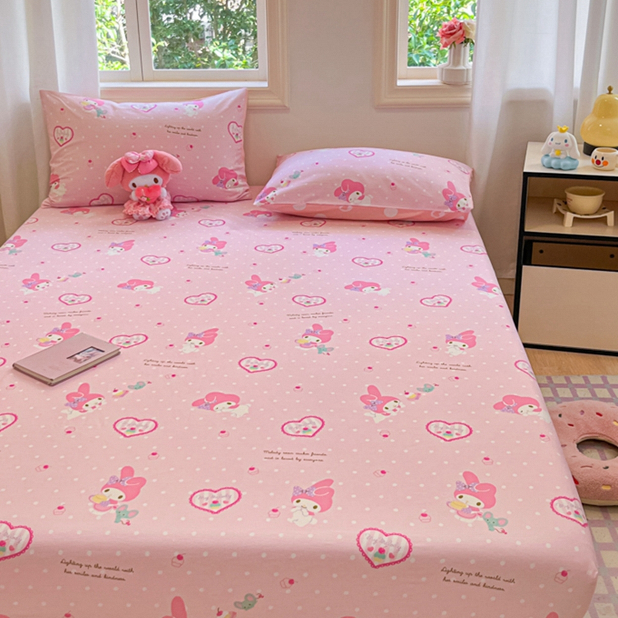 91家纺网 家纺一手货源 找家纺 博雅 2025春夏新款三丽欧小版全棉纯棉单品床笠床笠单件单床笠 粉色爱心美乐蒂