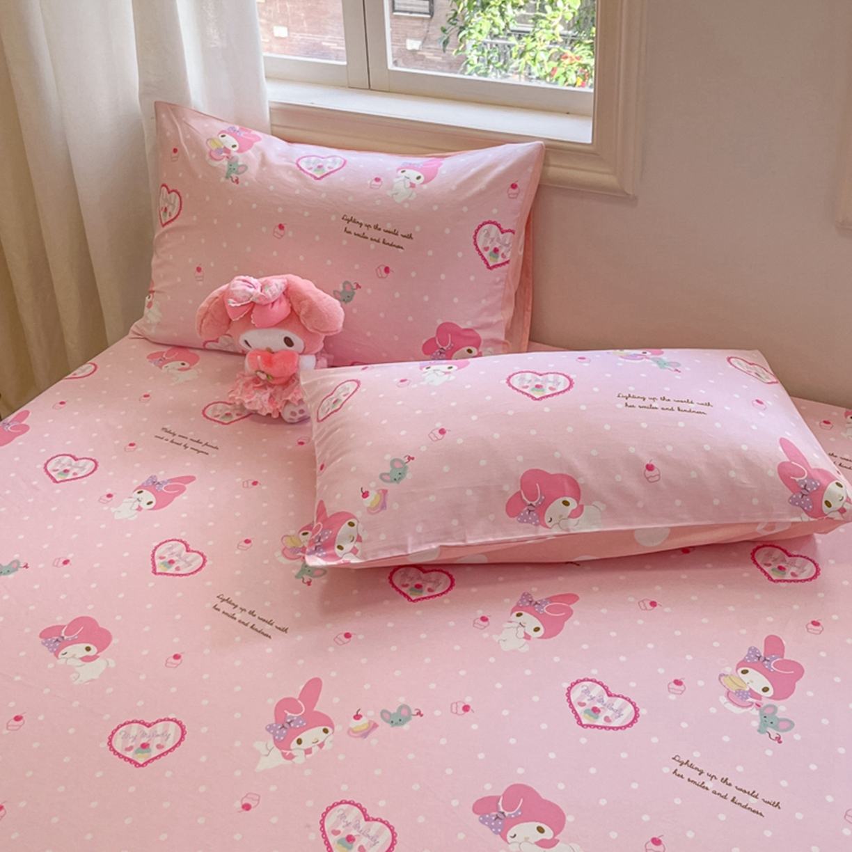 91家纺网 家纺一手货源 找家纺 博雅 2025春夏新款三丽欧小版全棉纯棉单品床笠床笠单件单床笠 粉色爱心美乐蒂