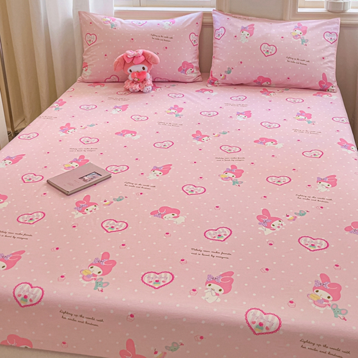 91家纺网 家纺一手货源 找家纺 博雅 2025春夏新款三丽欧小版全棉纯棉单品床笠床笠单件单床笠 粉色爱心美乐蒂