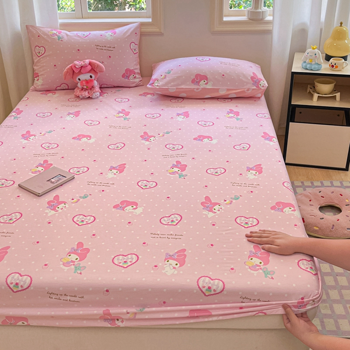 91家纺网 家纺一手货源 找家纺 博雅 2025春夏新款三丽欧小版全棉纯棉单品床笠床笠单件单床笠 粉色爱心美乐蒂