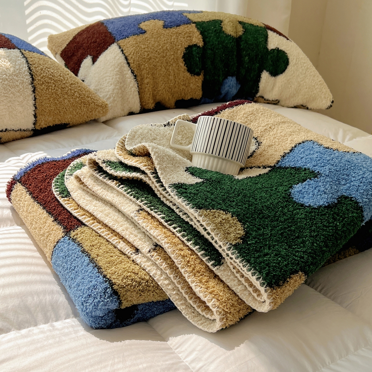 91家纺网 家纺一手货源 找家纺 舒隅家纺 A类高级感半边绒三角针毛毯毯子 拼图日记-绿