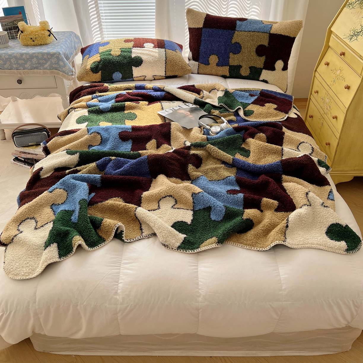 91家纺网 家纺一手货源 找家纺 舒隅家纺 A类高级感半边绒三角针毛毯毯子 拼图日记-绿