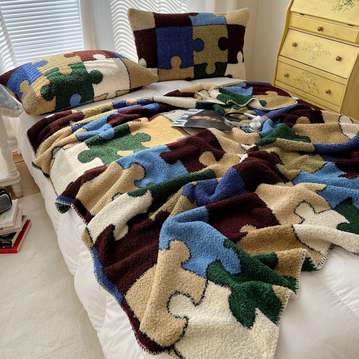 91家纺网 家纺一手货源 找家纺 舒隅家纺 A类高级感半边绒三角针毛毯毯子 拼图日记-绿