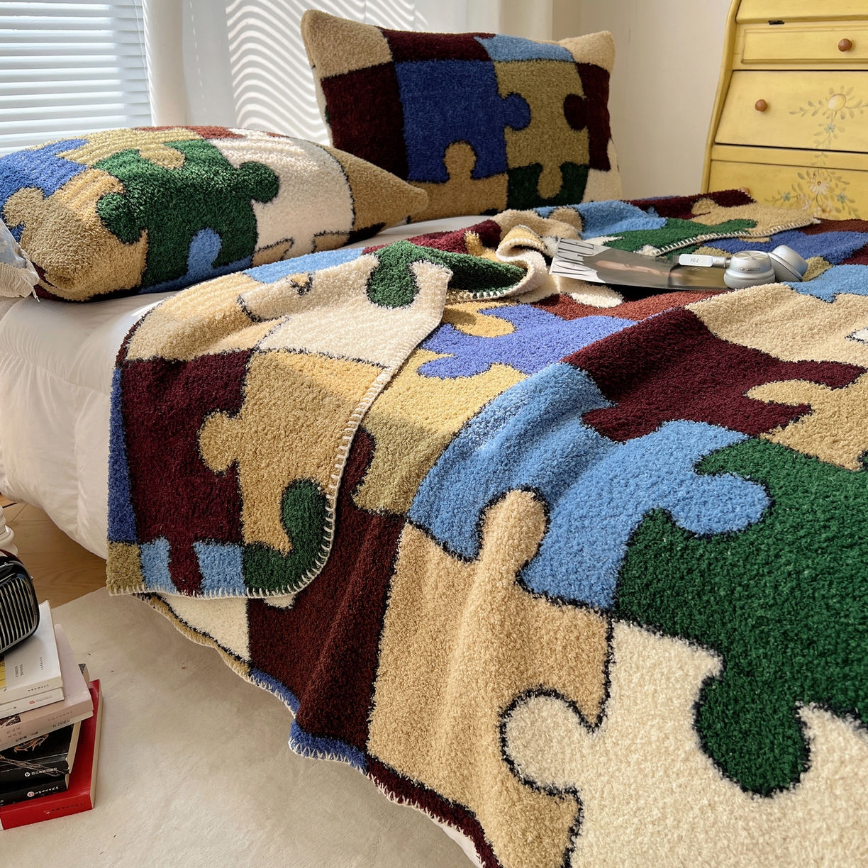 91家纺网 家纺一手货源 找家纺 舒隅家纺 A类高级感半边绒三角针毛毯毯子 拼图日记-绿