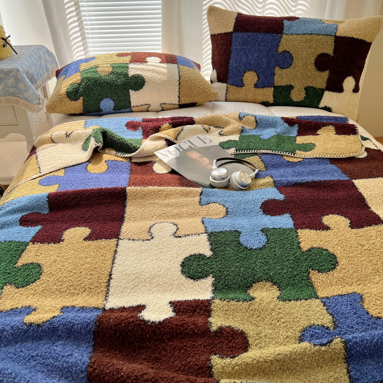 91家纺网 家纺一手货源 找家纺 舒隅家纺 A类高级感半边绒三角针毛毯毯子 拼图日记-绿