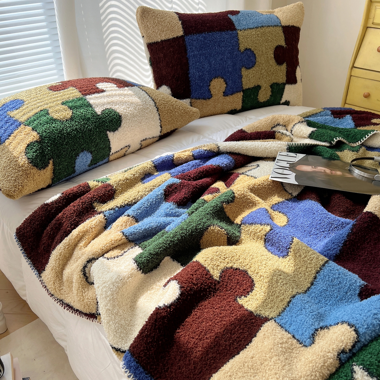 91家纺网 家纺一手货源 找家纺 舒隅家纺 A类高级感半边绒三角针毛毯毯子 拼图日记-绿