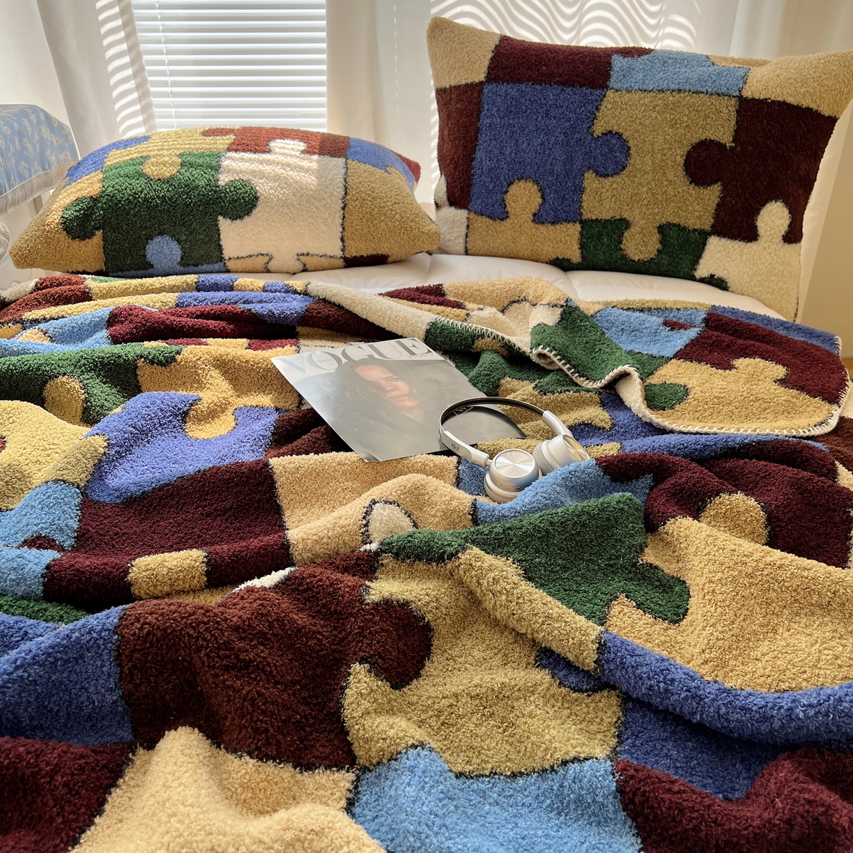 91家纺网 家纺一手货源 找家纺 舒隅家纺 A类高级感半边绒三角针毛毯毯子 拼图日记-绿