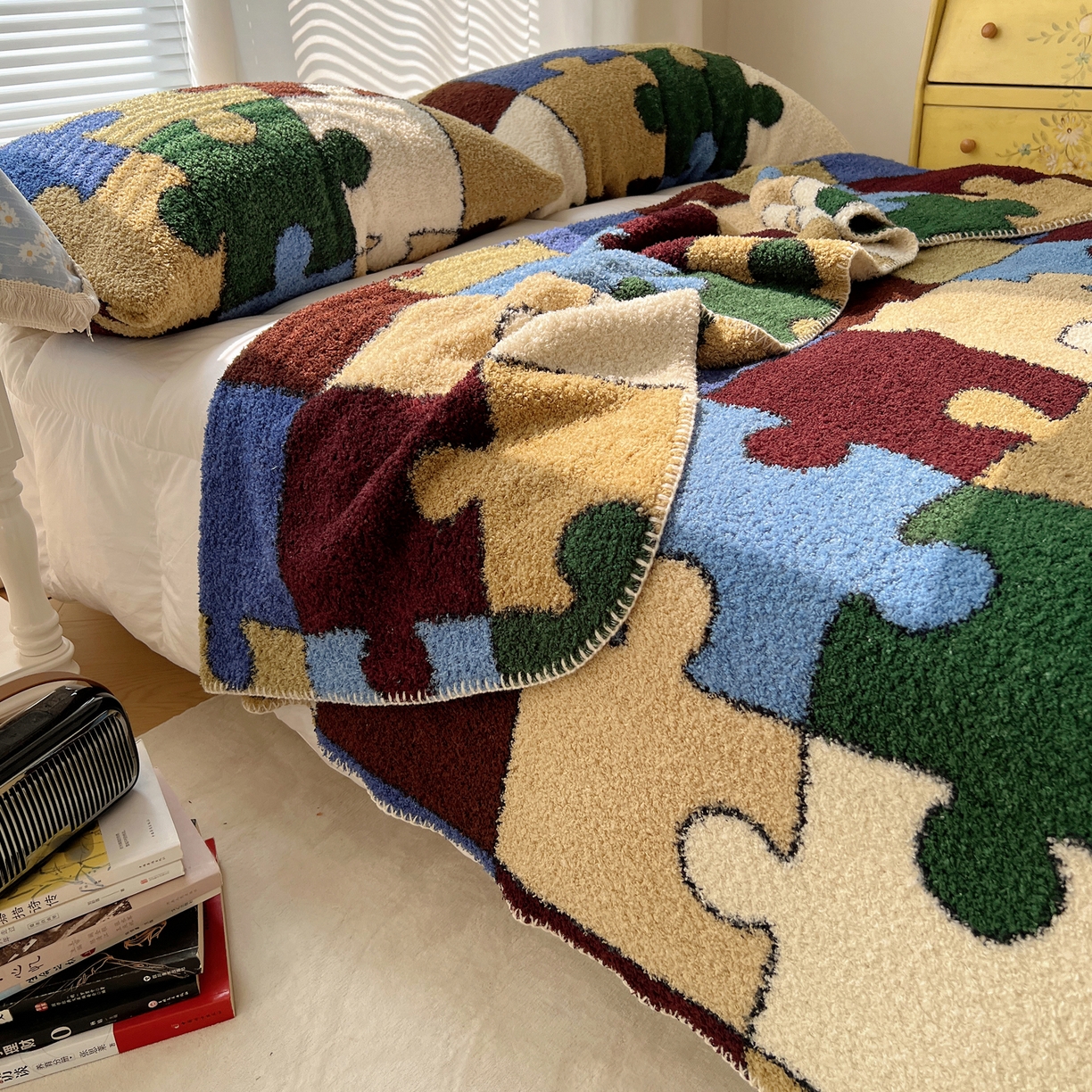 91家纺网 家纺一手货源 找家纺 舒隅家纺 A类高级感半边绒三角针毛毯毯子 拼图日记-绿