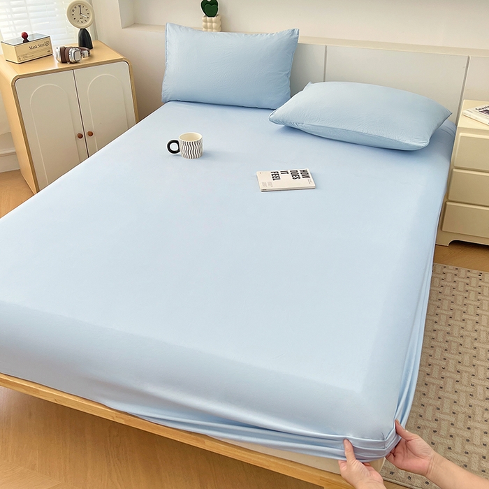 91家纺网 家纺一手货源 找家纺 优尚佳生活馆 2025新款亲肤水洗棉纯色单品床笠 冰岛蓝