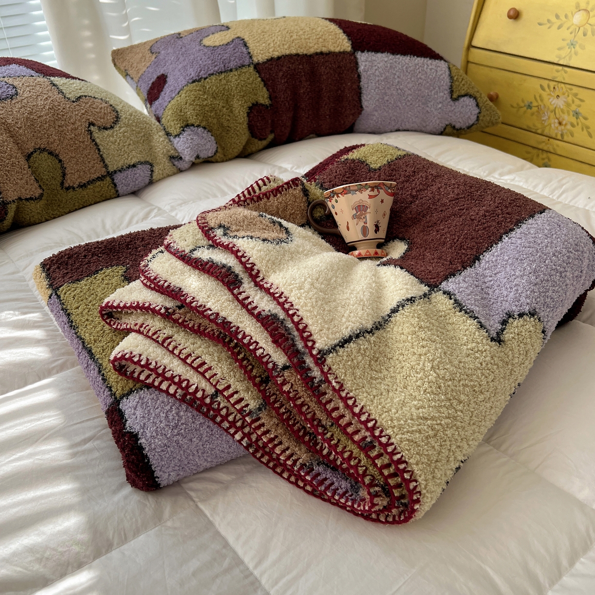 91家纺网 家纺一手货源 找家纺 舒隅家纺 A类高级感半边绒三角针毛毯毯子 拼图日记-紫