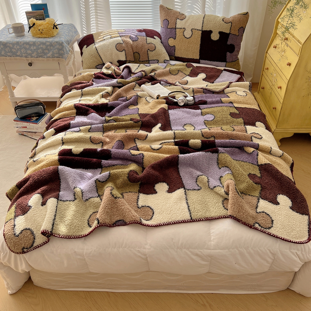 91家纺网 家纺一手货源 找家纺 舒隅家纺 A类高级感半边绒三角针毛毯毯子 拼图日记-紫