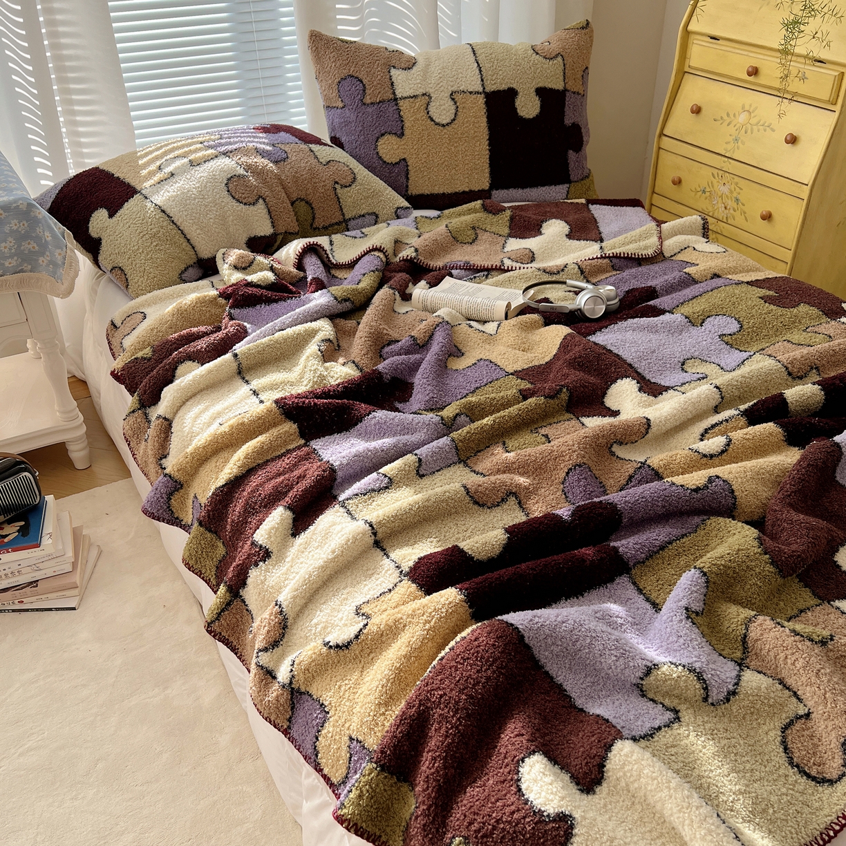 91家纺网 家纺一手货源 找家纺 舒隅家纺 A类高级感半边绒三角针毛毯毯子 拼图日记-紫