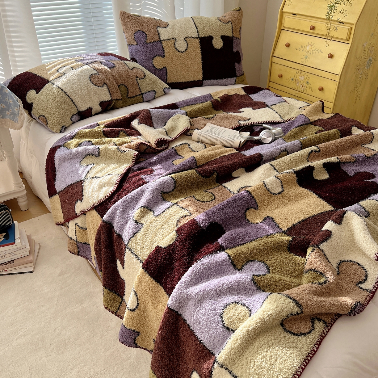 91家纺网 家纺一手货源 找家纺 舒隅家纺 A类高级感半边绒三角针毛毯毯子 拼图日记-紫