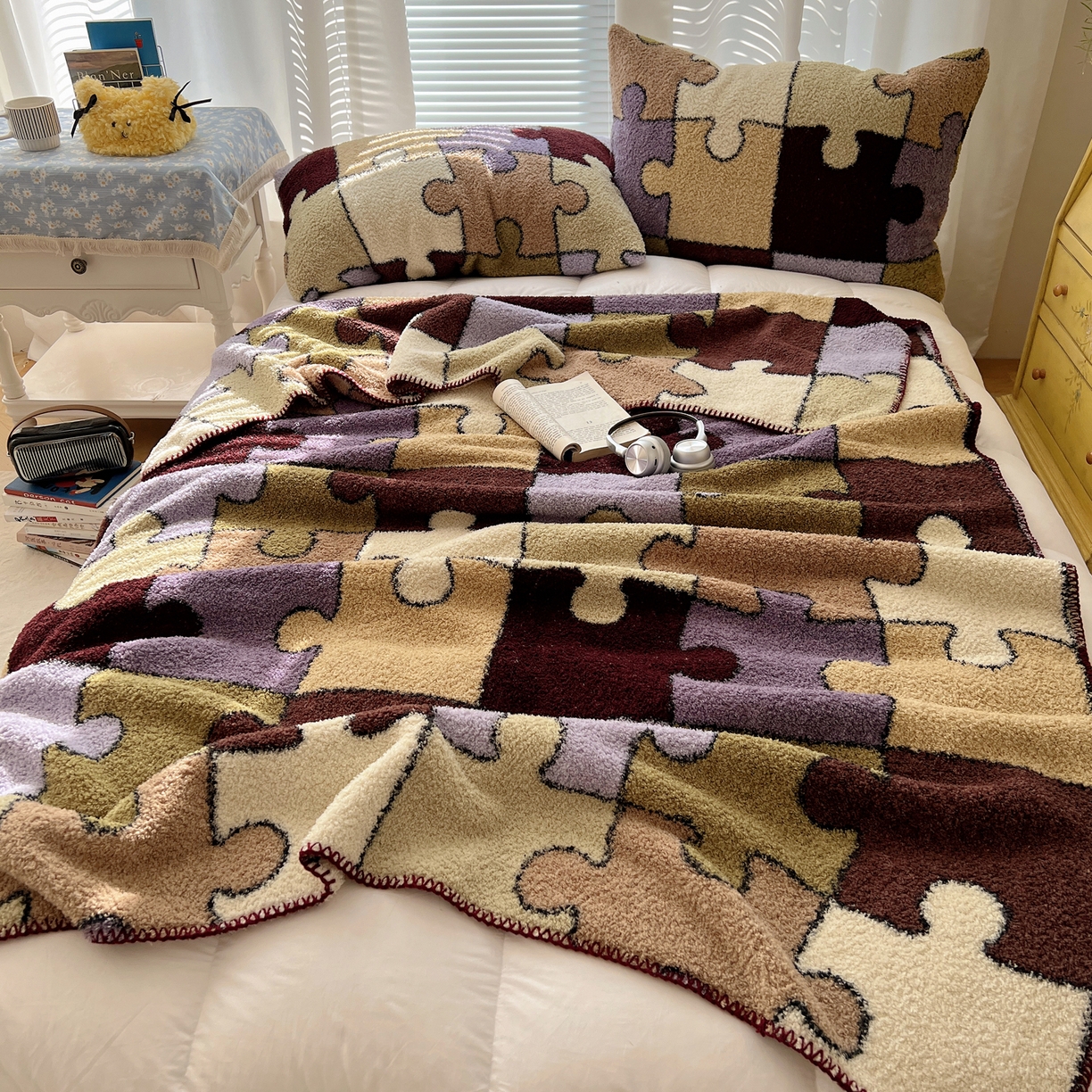 91家纺网 家纺一手货源 找家纺 舒隅家纺 A类高级感半边绒三角针毛毯毯子 拼图日记-紫