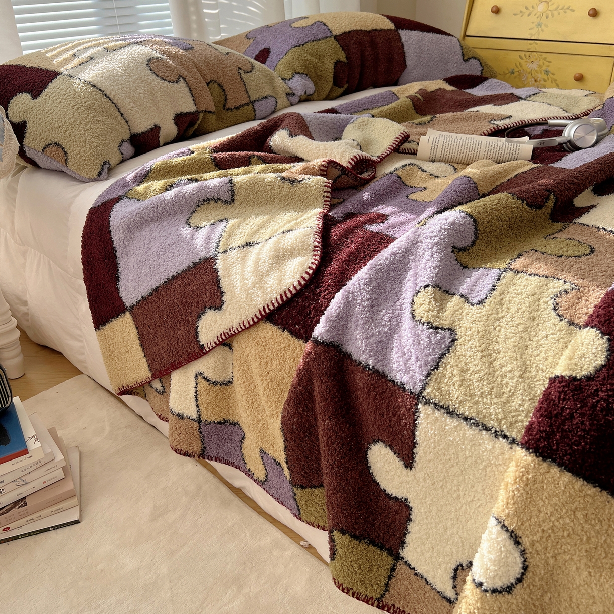 91家纺网 家纺一手货源 找家纺 舒隅家纺 A类高级感半边绒三角针毛毯毯子 拼图日记-紫