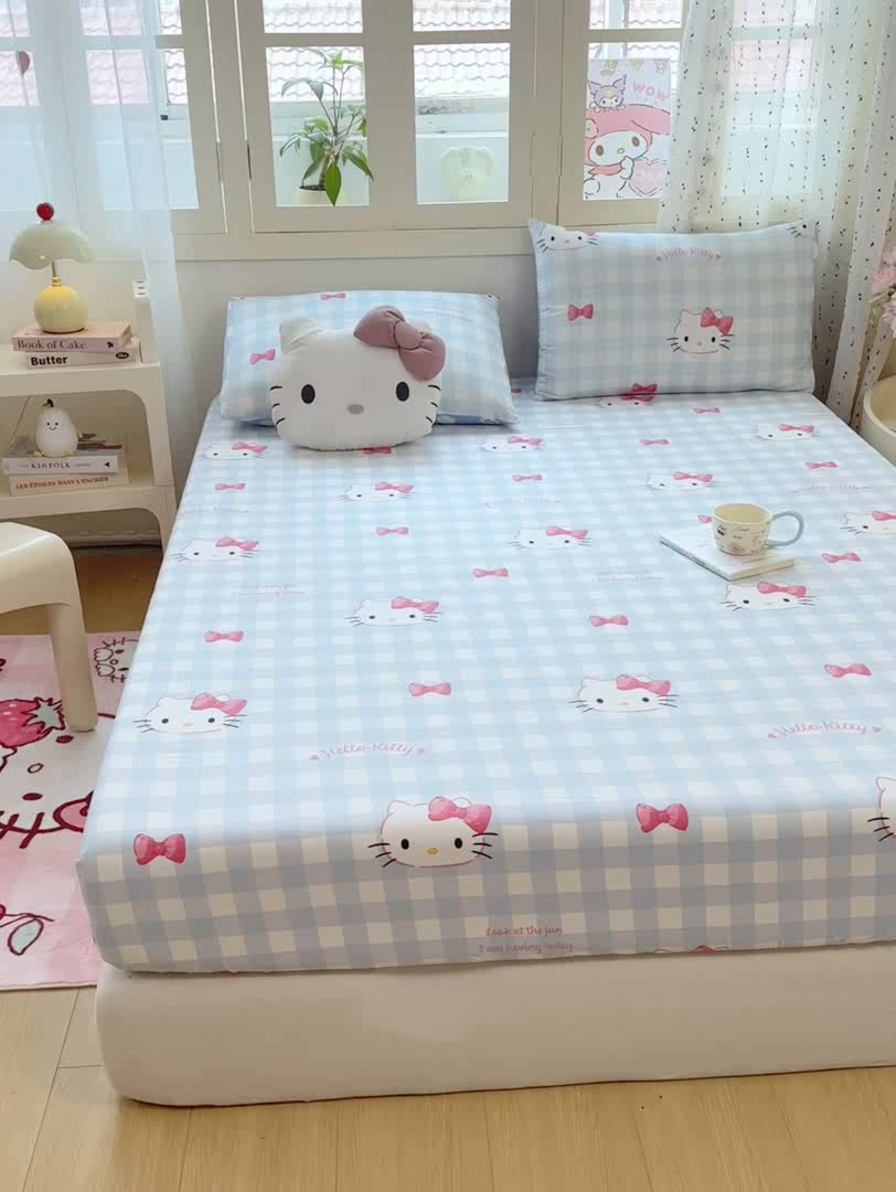 91家纺网 家纺一手货源 找家纺 博雅 2025春夏新款三丽欧小版全棉纯棉单品床笠床笠单件单床笠 蓝色蝴蝶结KT