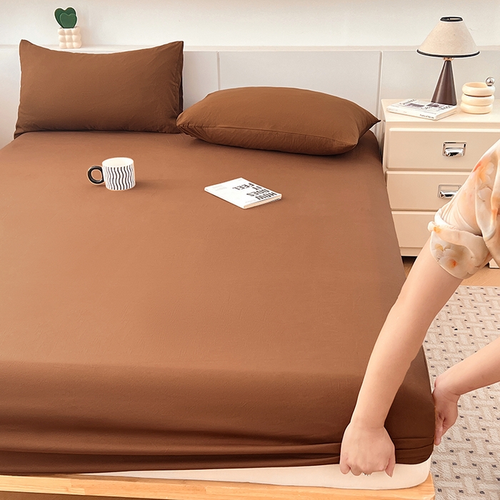 91家纺网 家纺一手货源 找家纺 优尚佳生活馆 2025新款亲肤水洗棉纯色单品床笠 琥珀棕