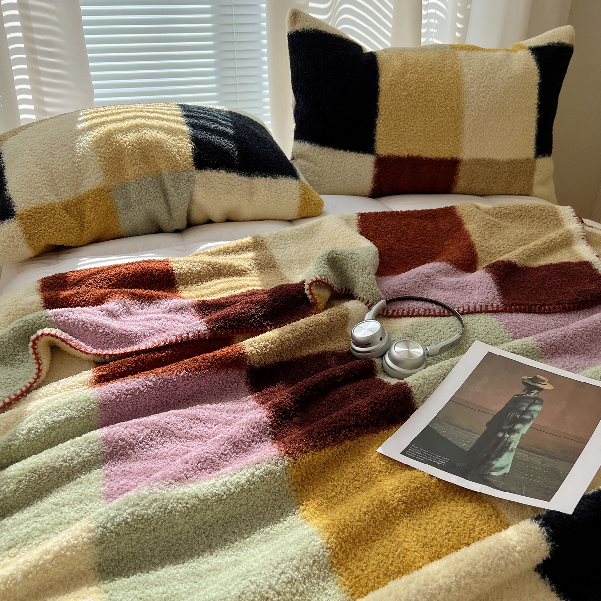 91家纺网 家纺一手货源 找家纺 舒隅家纺 A类高级感半边绒三角针毛毯毯子 棋盘格-粉