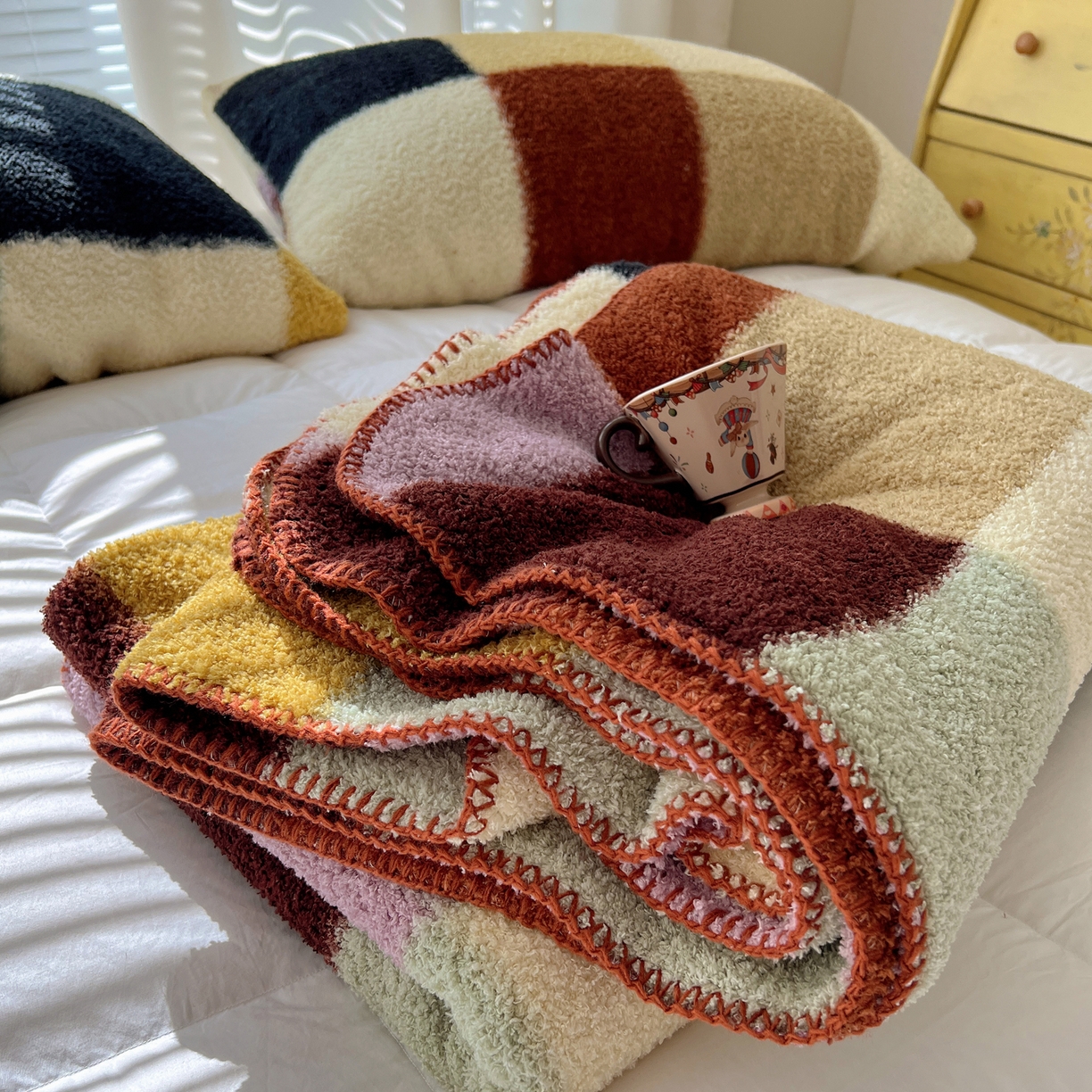 91家纺网 家纺一手货源 找家纺 舒隅家纺 A类高级感半边绒三角针毛毯毯子 棋盘格-粉