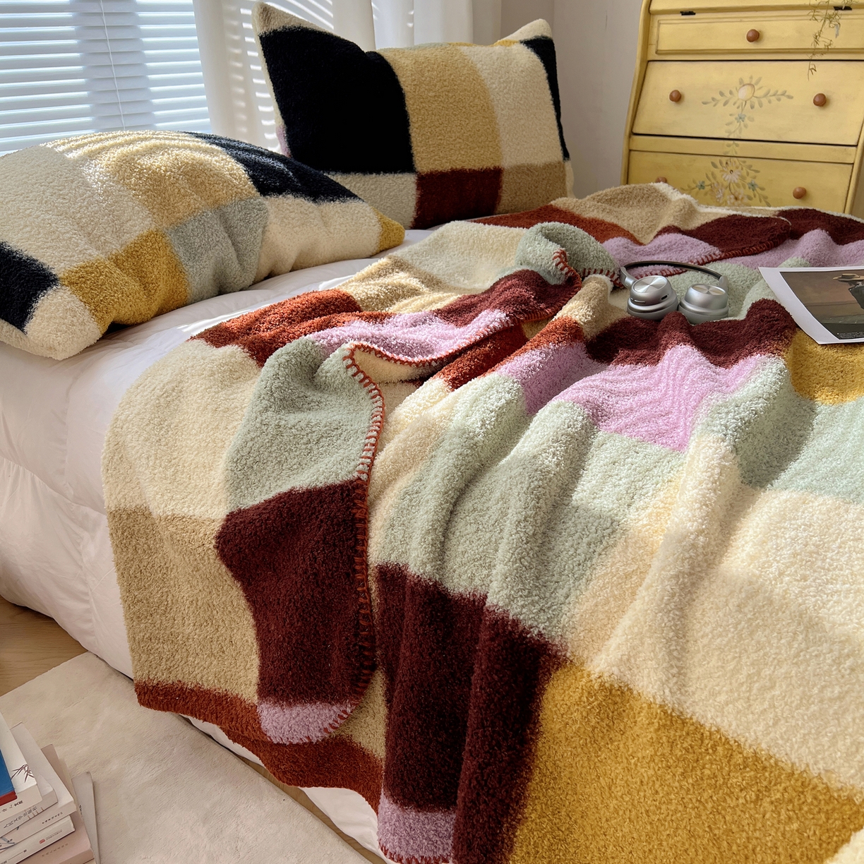 91家纺网 家纺一手货源 找家纺 舒隅家纺 A类高级感半边绒三角针毛毯毯子 棋盘格-粉