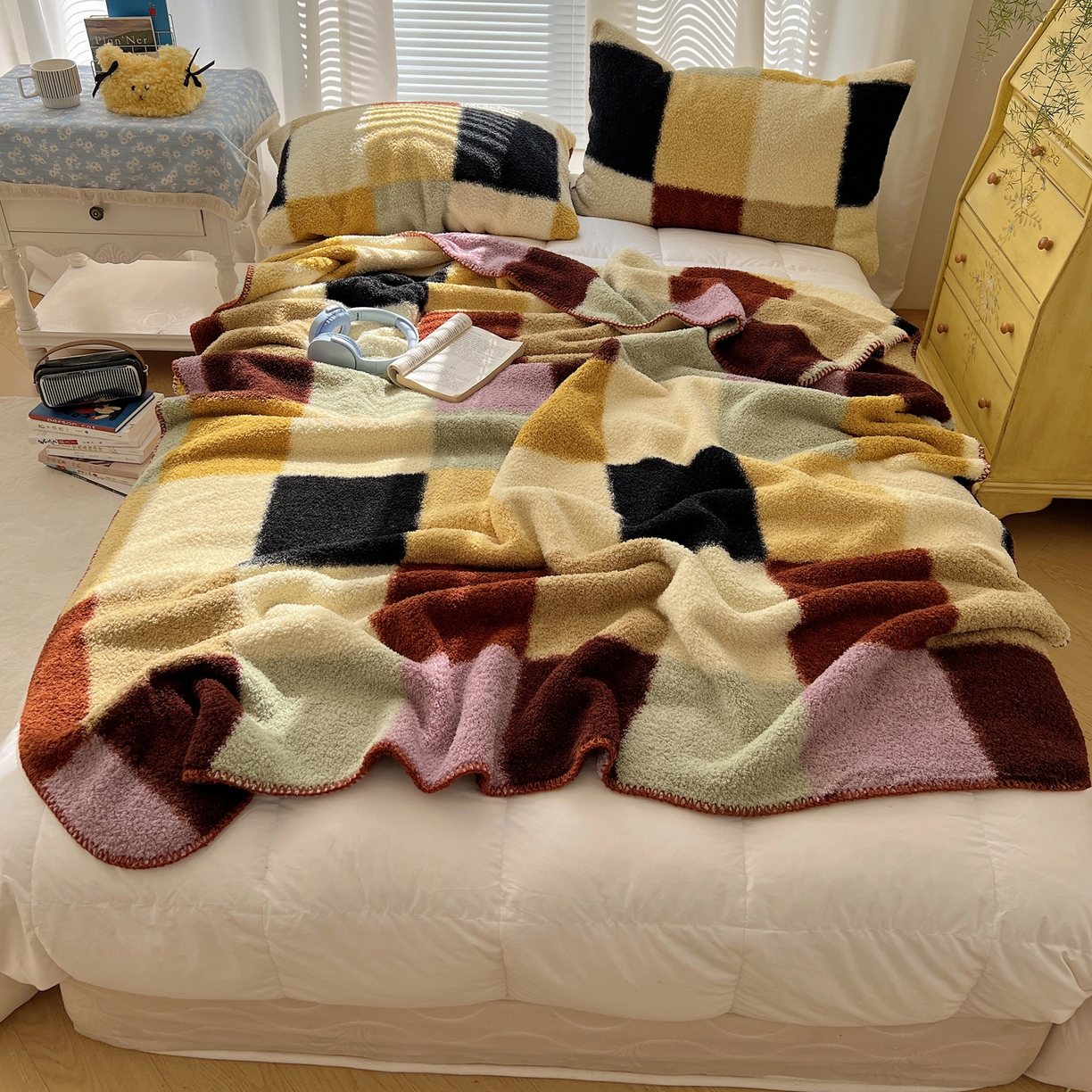 91家纺网 家纺一手货源 找家纺 舒隅家纺 A类高级感半边绒三角针毛毯毯子 棋盘格-粉