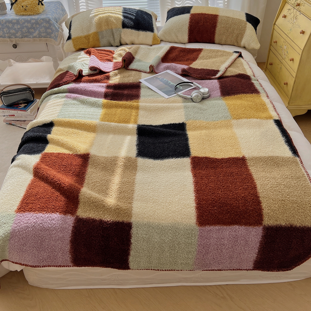 91家纺网 家纺一手货源 找家纺 舒隅家纺 A类高级感半边绒三角针毛毯毯子 棋盘格-粉