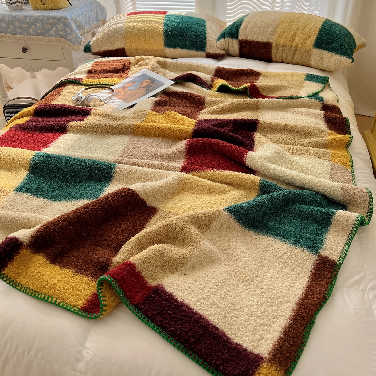 91家纺网 家纺一手货源 找家纺 舒隅家纺 A类高级感半边绒三角针毛毯毯子 棋盘格-绿