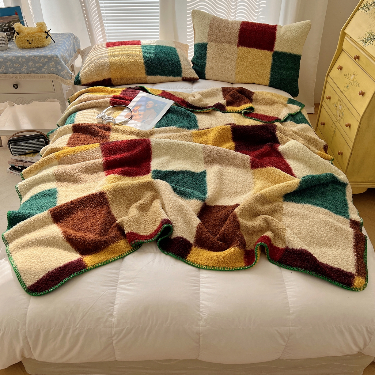 91家纺网 家纺一手货源 找家纺 舒隅家纺 A类高级感半边绒三角针毛毯毯子 棋盘格-绿