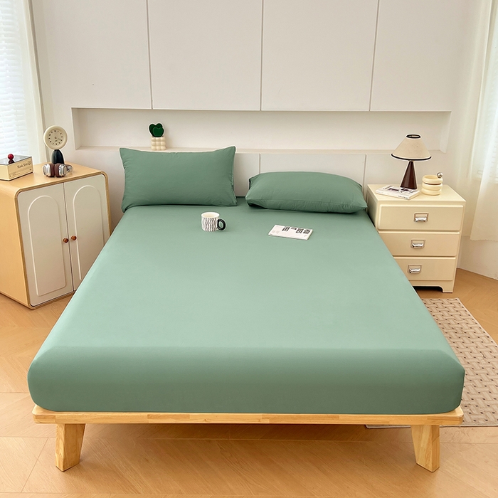 91家纺网 家纺一手货源 找家纺 优尚佳生活馆 2025新款亲肤水洗棉纯色单品床笠 麦苗绿