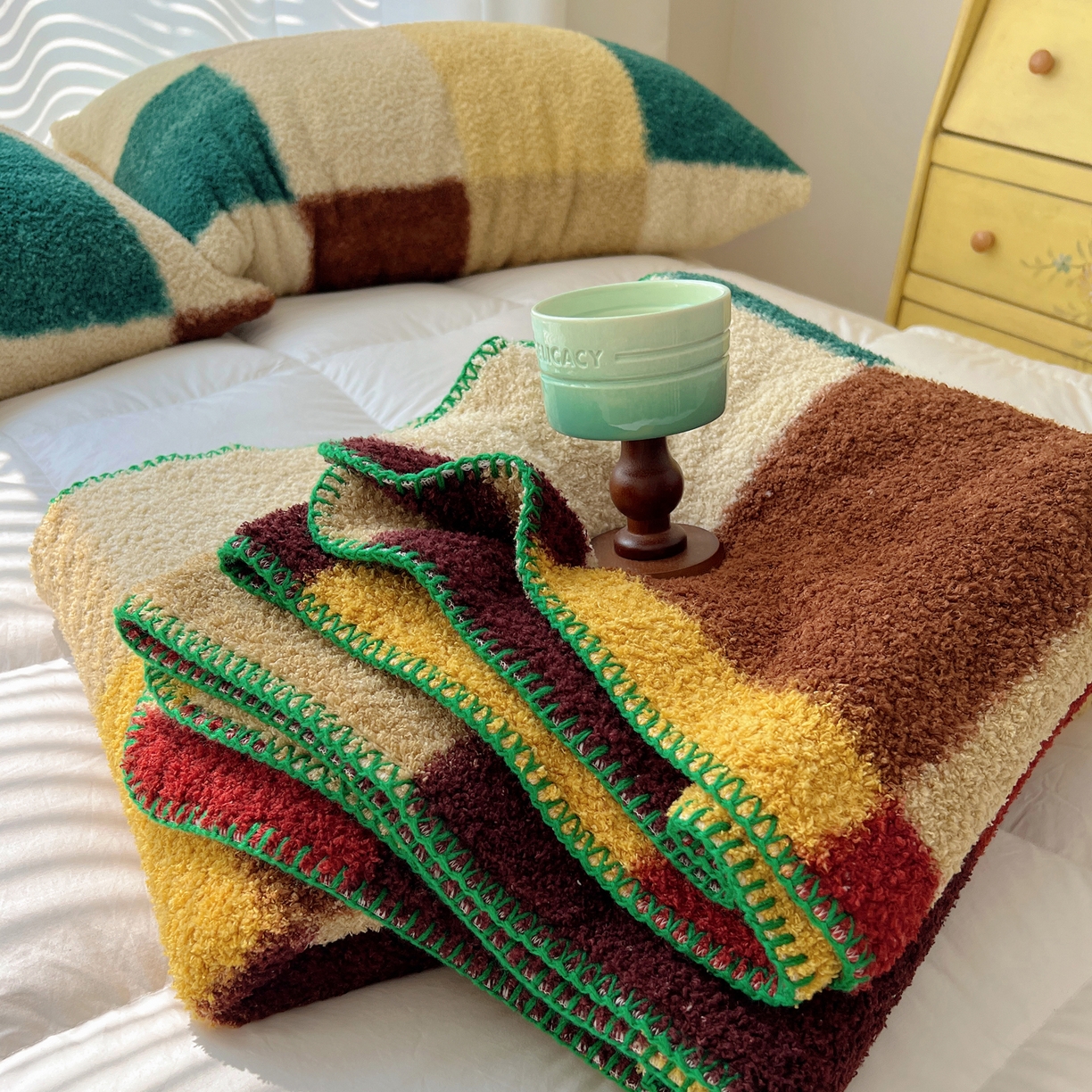 91家纺网 家纺一手货源 找家纺 舒隅家纺 A类高级感半边绒三角针毛毯毯子 棋盘格-绿