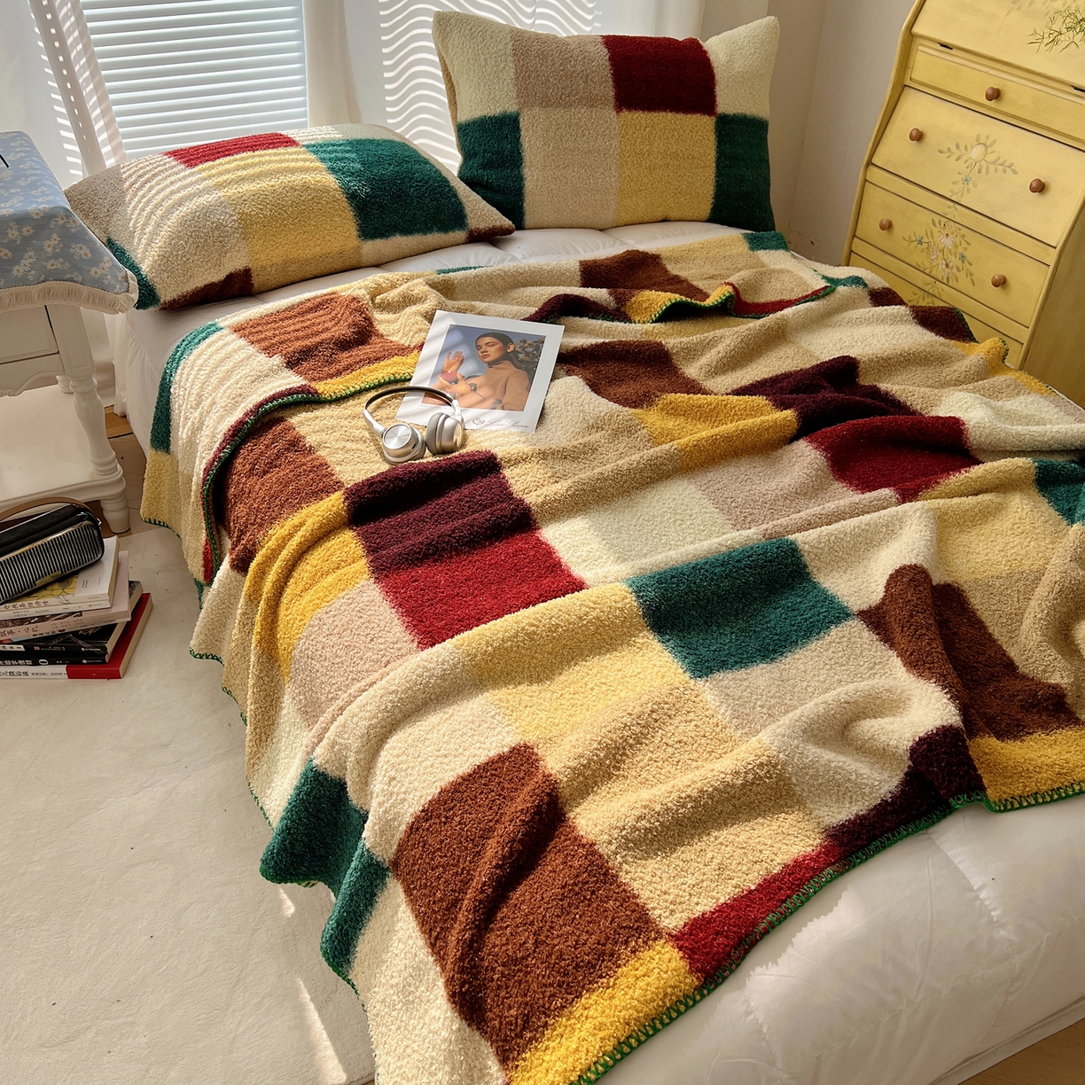 91家纺网 家纺一手货源 找家纺 舒隅家纺 A类高级感半边绒三角针毛毯毯子 棋盘格-绿