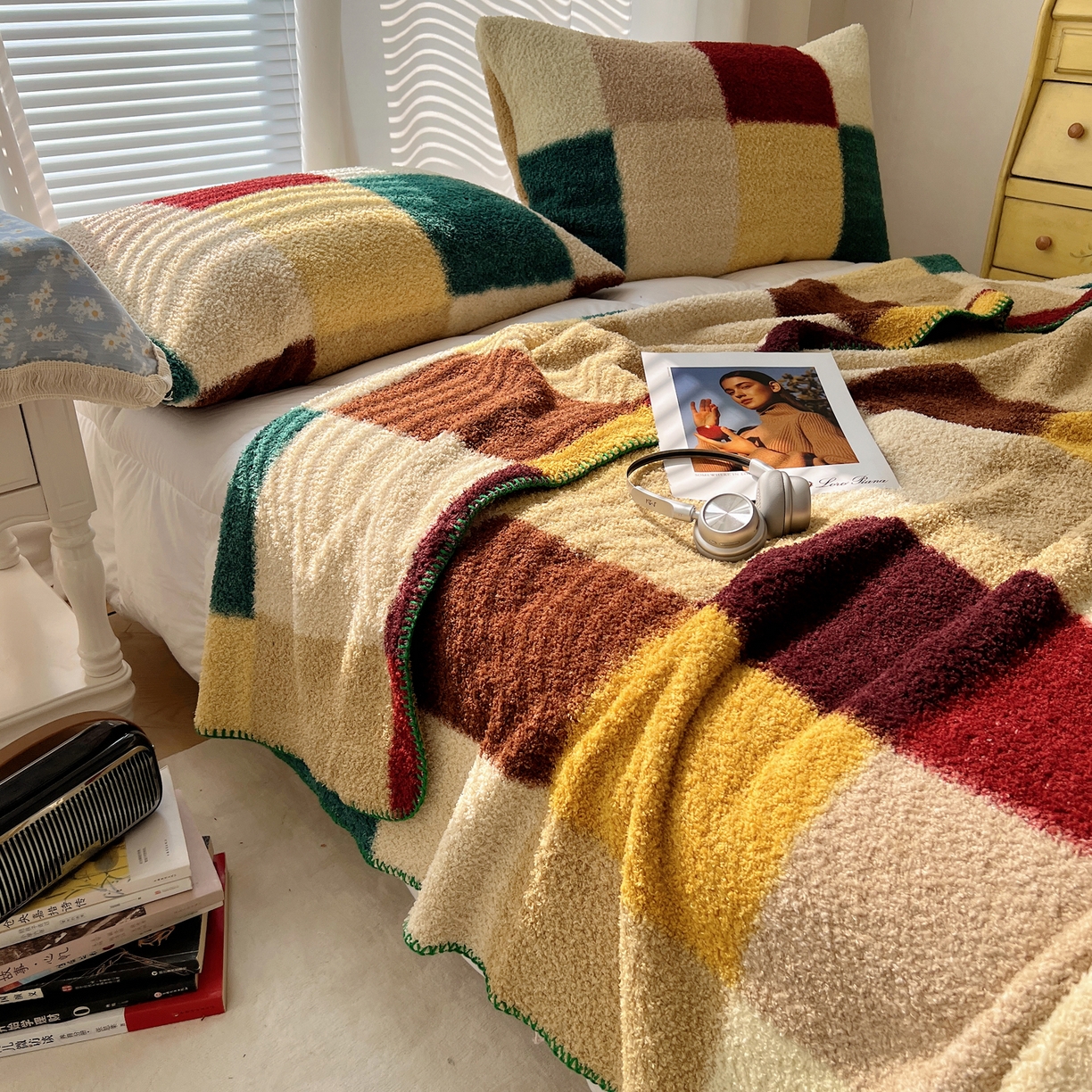 91家纺网 家纺一手货源 找家纺 舒隅家纺 A类高级感半边绒三角针毛毯毯子 棋盘格-绿