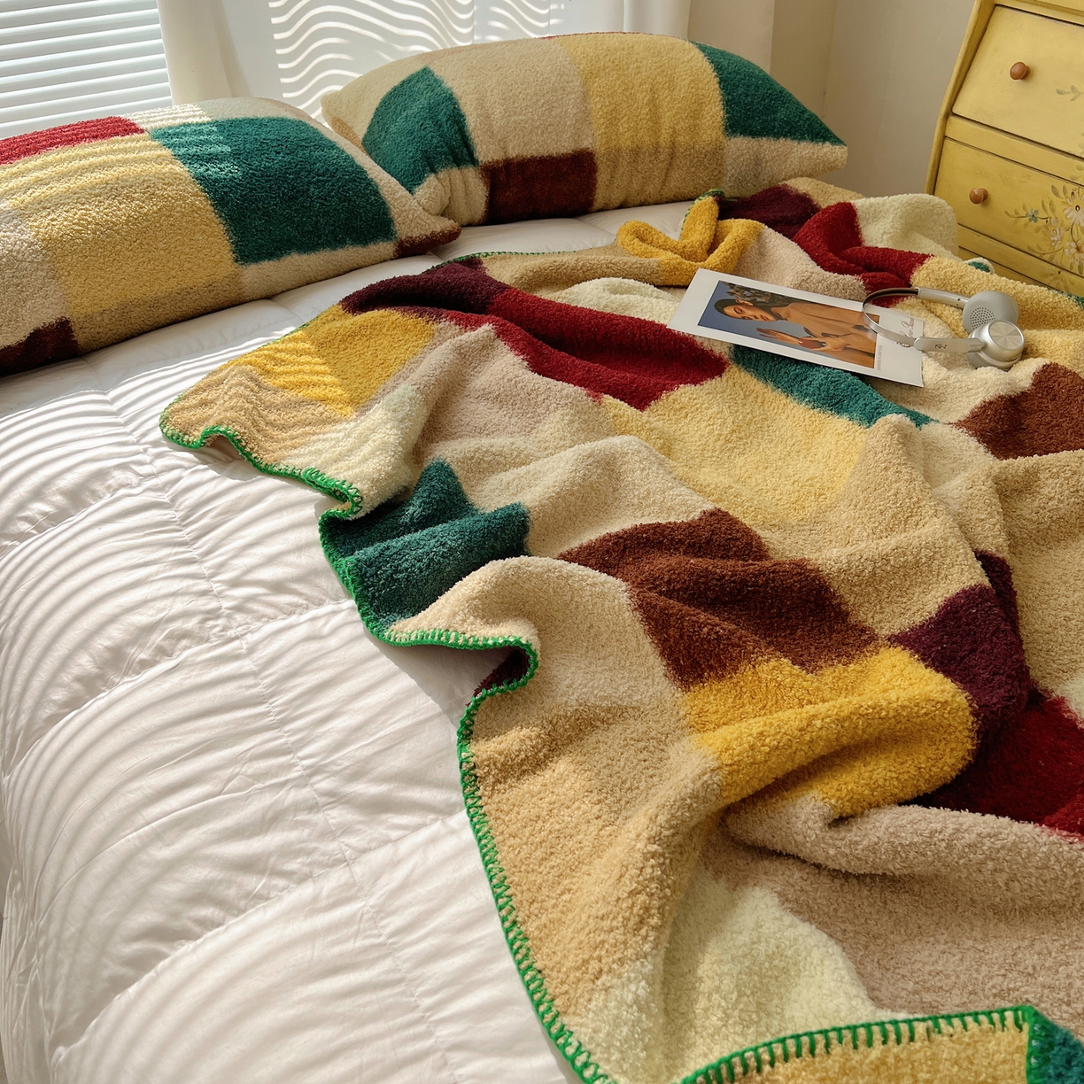 91家纺网 家纺一手货源 找家纺 舒隅家纺 A类高级感半边绒三角针毛毯毯子 棋盘格-绿