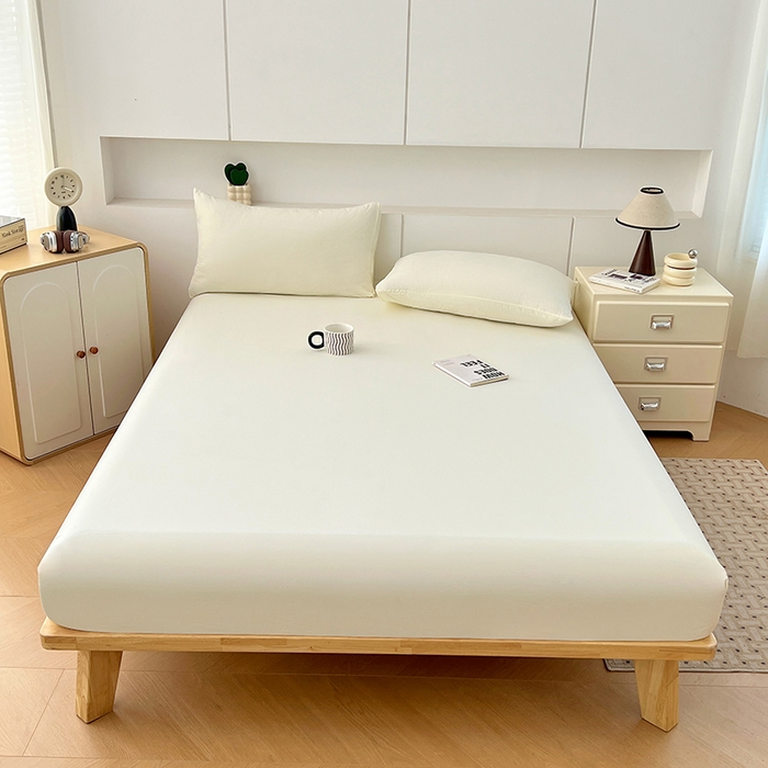 91家纺网 家纺一手货源 找家纺 优尚佳生活馆 2025新款亲肤水洗棉纯色单品床笠 奶酪白