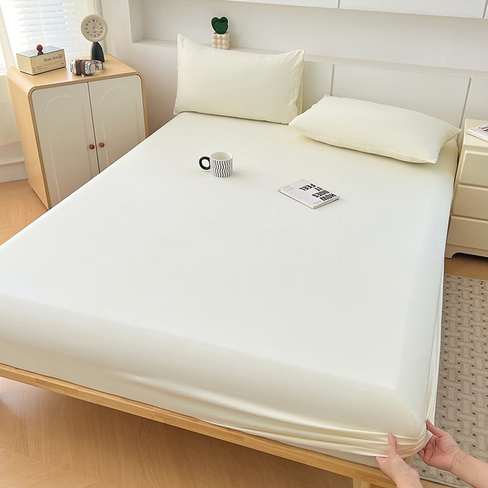 91家纺网 家纺一手货源 找家纺 优尚佳生活馆 2025新款亲肤水洗棉纯色单品床笠 奶酪白