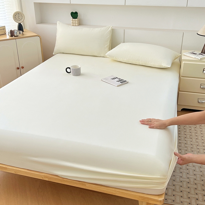 91家纺网 家纺一手货源 找家纺 优尚佳生活馆 2025新款亲肤水洗棉纯色单品床笠 奶酪白