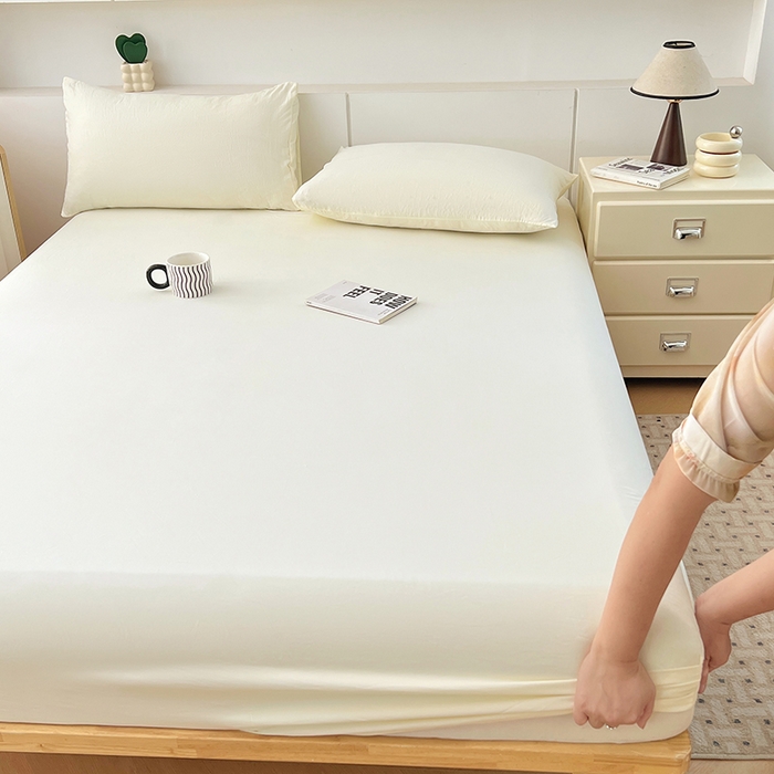 91家纺网 家纺一手货源 找家纺 优尚佳生活馆 2025新款亲肤水洗棉纯色单品床笠 奶酪白