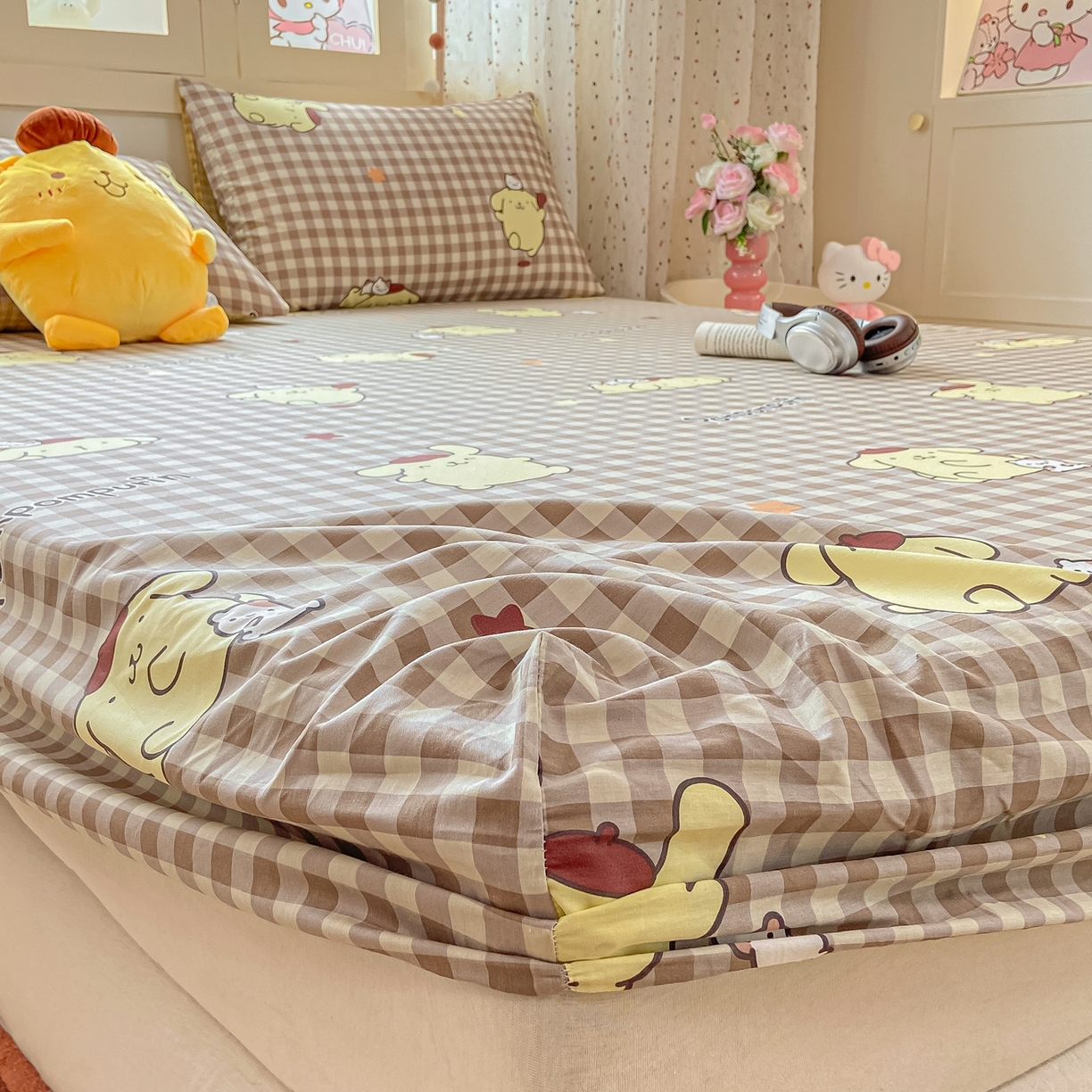 91家纺网 家纺一手货源 找家纺 博雅 2025春夏新款三丽欧小版全棉纯棉单品床笠床笠单件单床笠 巧克力布丁狗