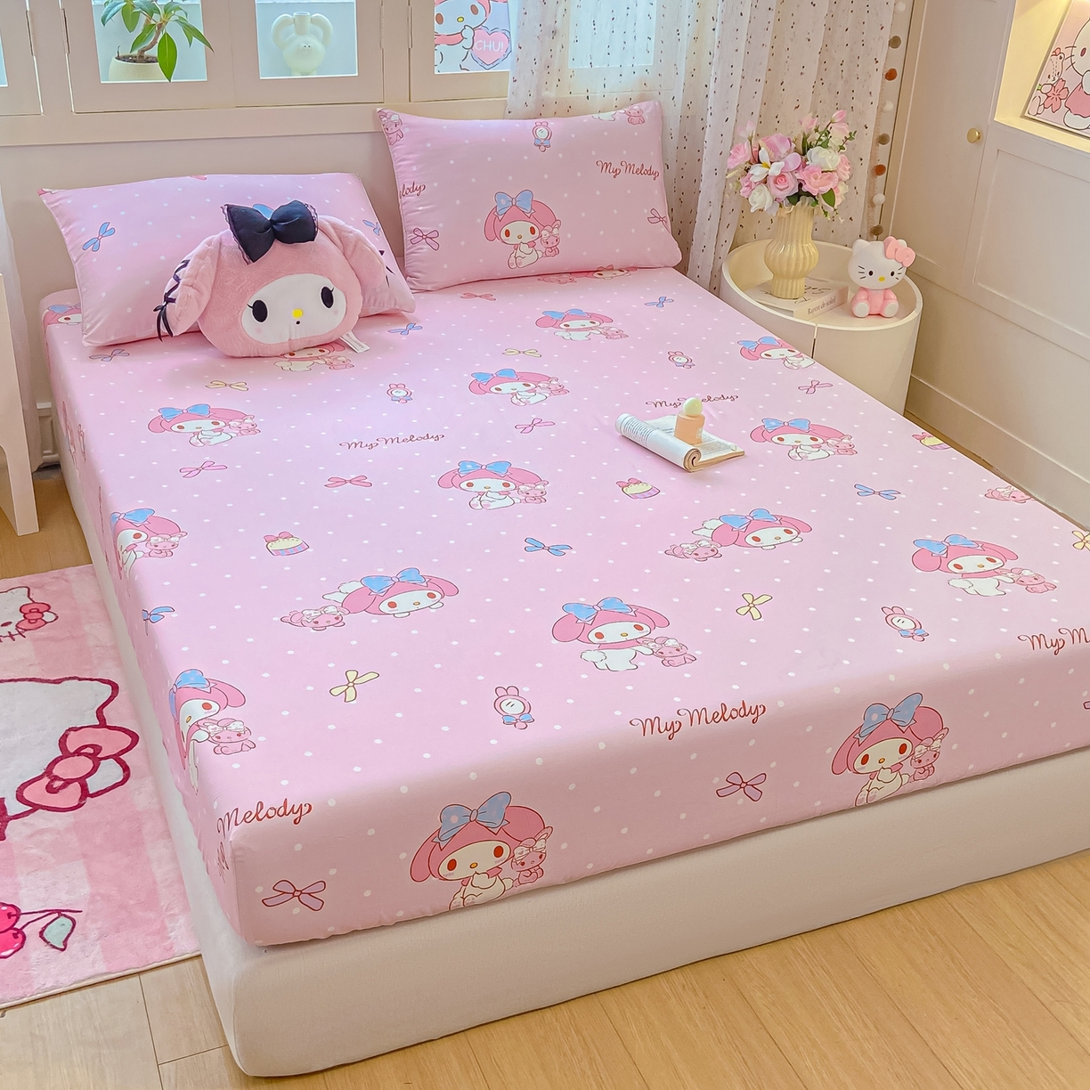 91家纺网 家纺一手货源 找家纺 博雅 2025春夏新款三丽欧小版全棉纯棉单品床笠床笠单件单床笠 小兔美乐蒂