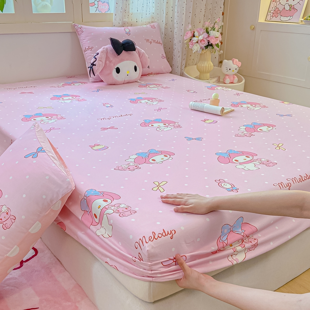 91家纺网 家纺一手货源 找家纺 博雅 2025春夏新款三丽欧小版全棉纯棉单品床笠床笠单件单床笠 小兔美乐蒂