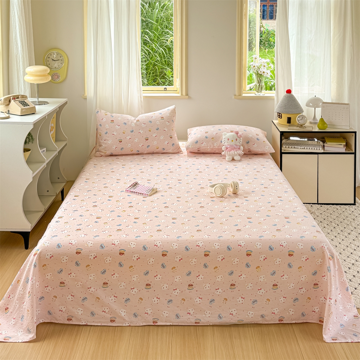 91家纺网 家纺一手货源 找家纺 多品家纺 2025新款超柔云感双层纱单床单 床单单件 布丁猫