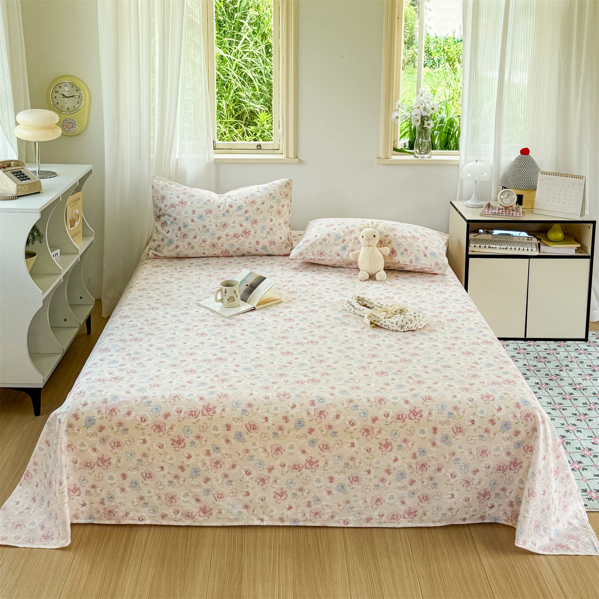 91家纺网 家纺一手货源 找家纺 多品家纺 2025新款超柔云感双层纱单床单 床单单件 花城粉