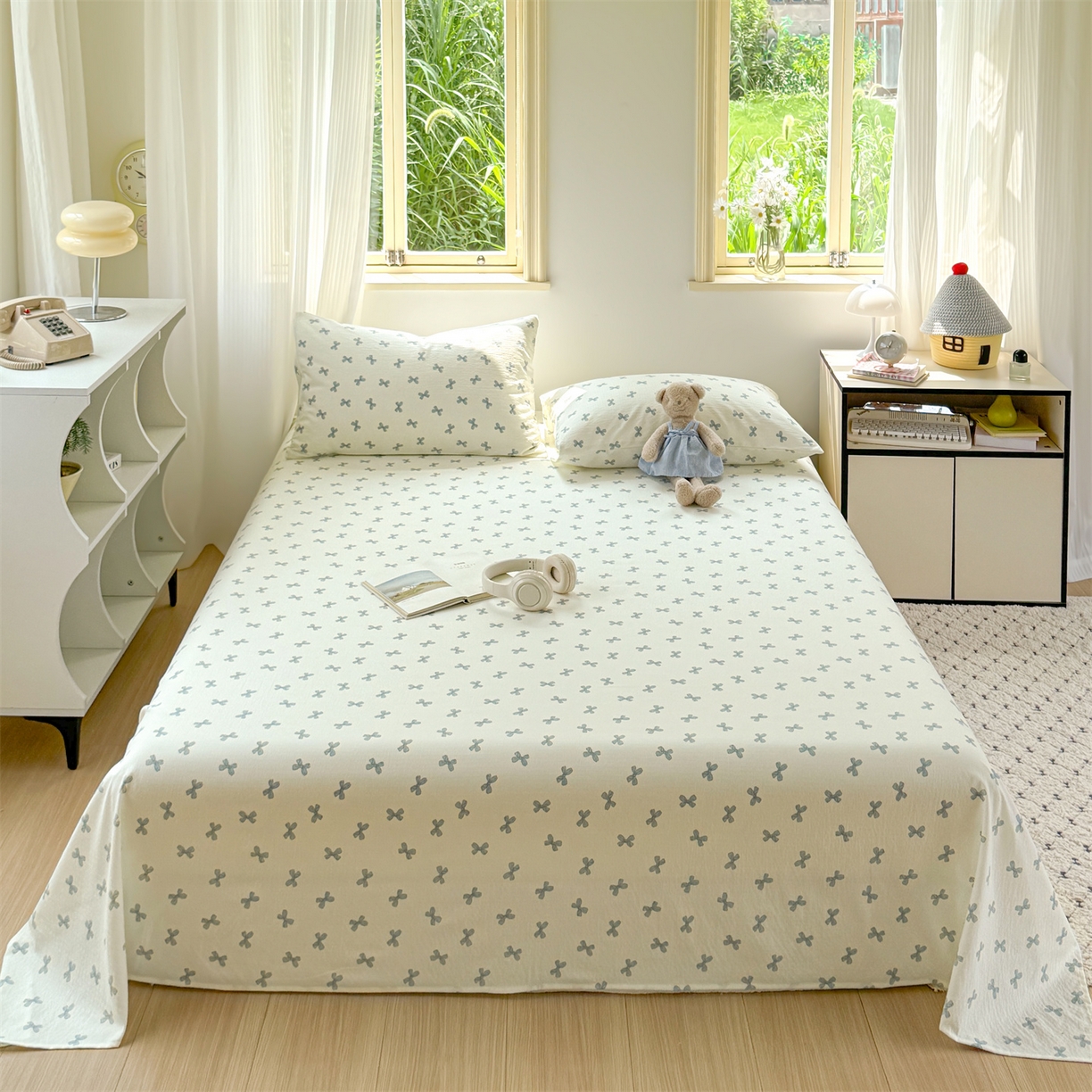 91家纺网 家纺一手货源 找家纺 多品家纺 2025新款超柔云感双层纱单床单 床单单件 蓝蝶