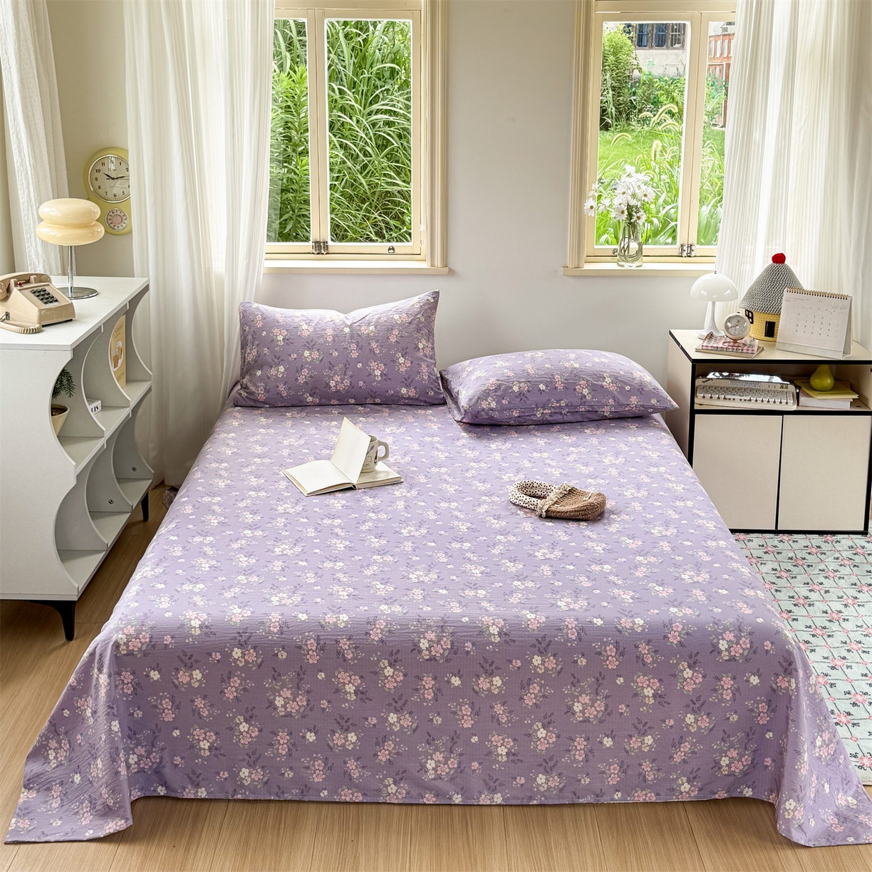 91家纺网 家纺一手货源 找家纺 多品家纺 2025新款超柔云感双层纱单床单 床单单件 紫烟