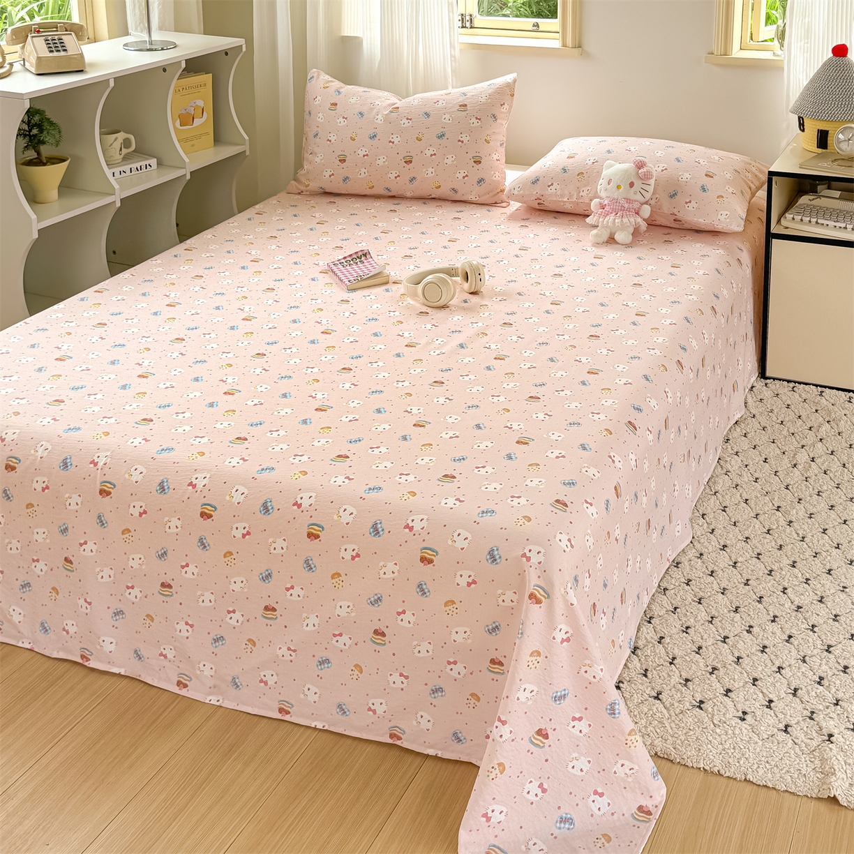 91家纺网 家纺一手货源 找家纺 多品家纺 2025新款超柔云感双层纱单床单 床单单件 布丁猫